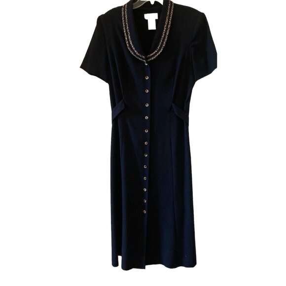 Miss Dorby Vintage Black Longer Length Dress Size 16 Animal Print Collar Trim - Picture 4 of 8